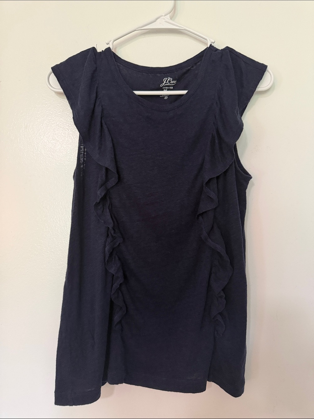 J.Crew Navy Blue Linen Blend Sleeveless Ruffle Tank Top Tee Size XS